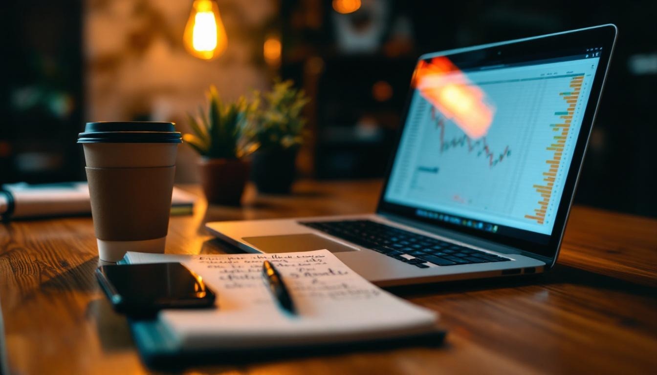 Workspace detail, laptop and coffee