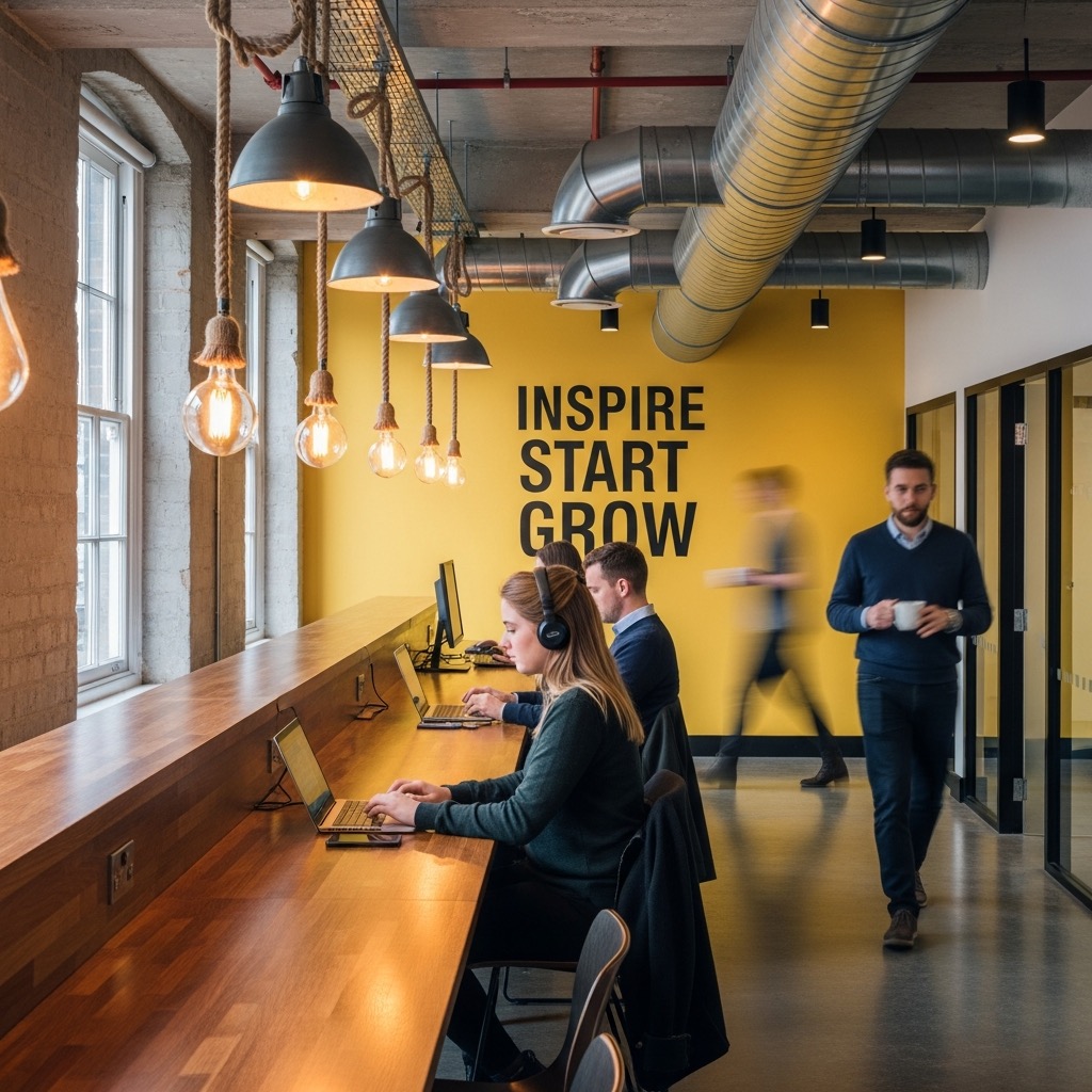 The Foundry hot-desking area, people working