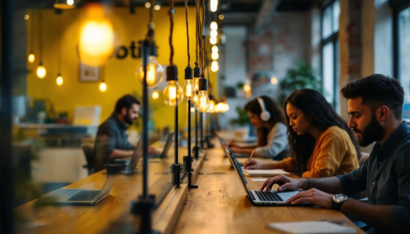 Row of desks with people working