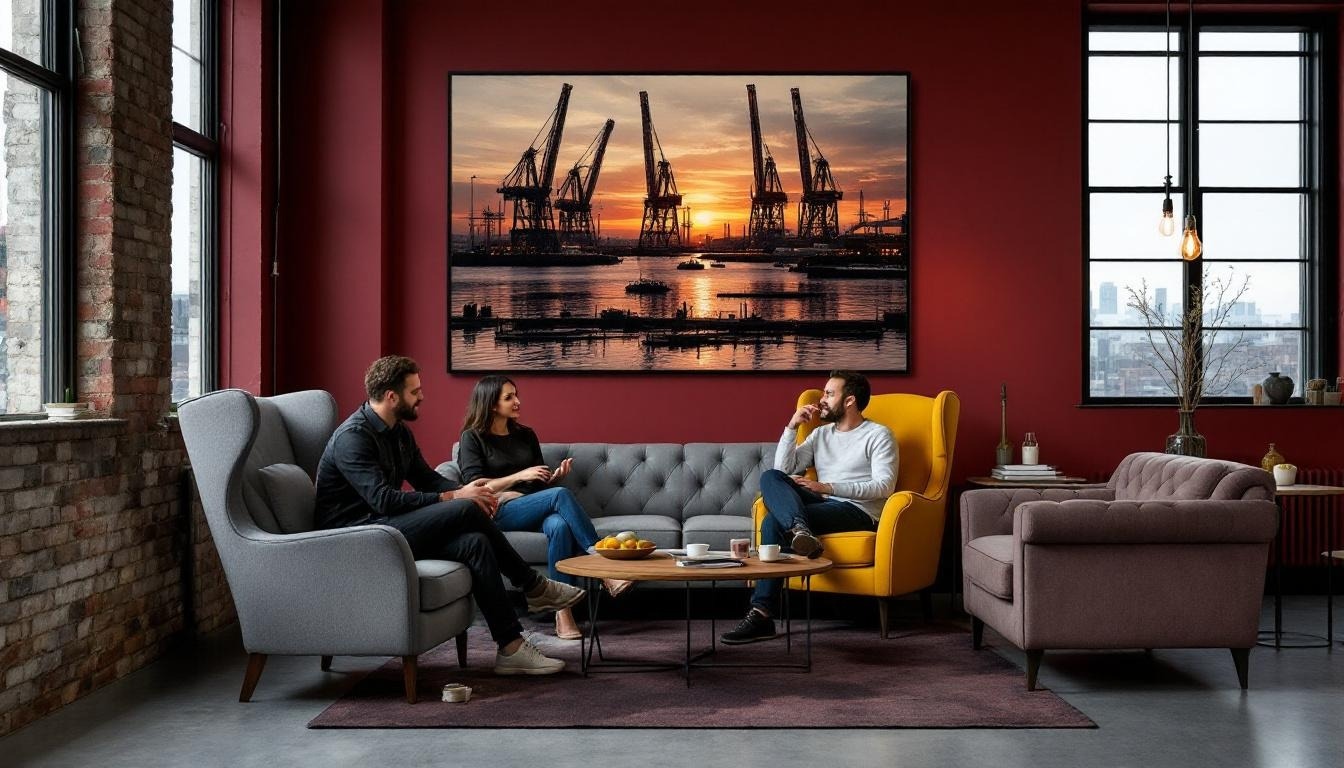 Group conversation under the cranes mural