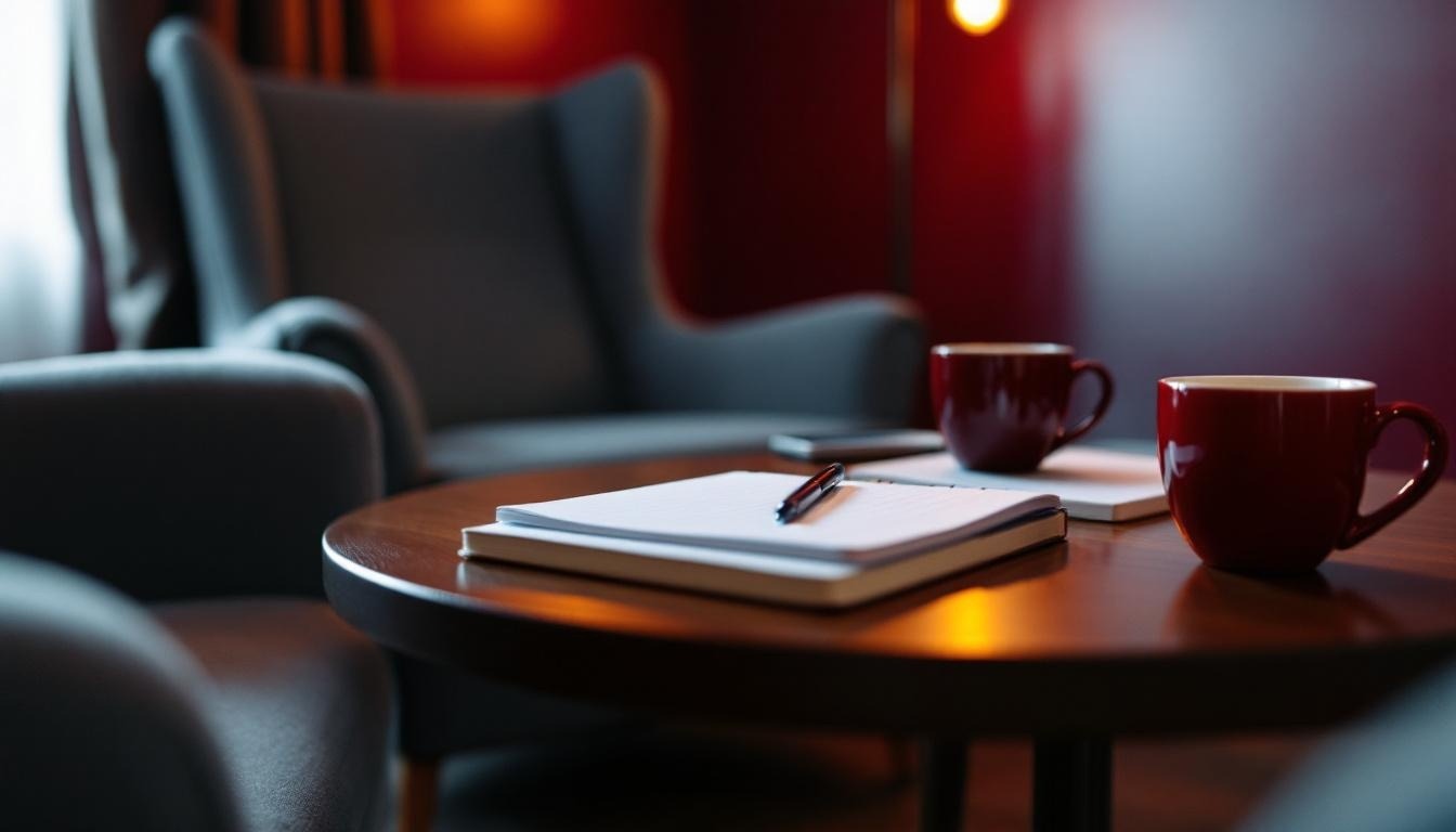 Coffee table detail, notebooks and cups