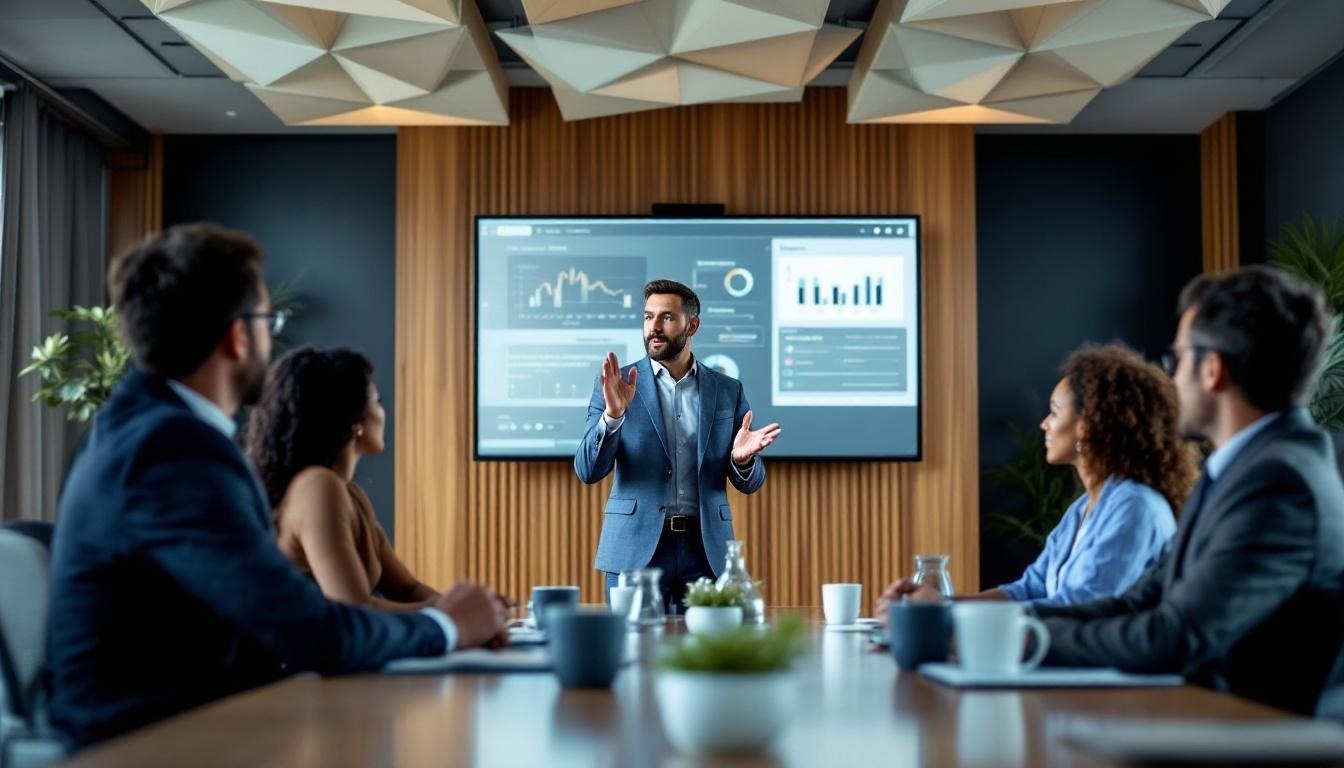 Speaker mid-gesture at the head of the table