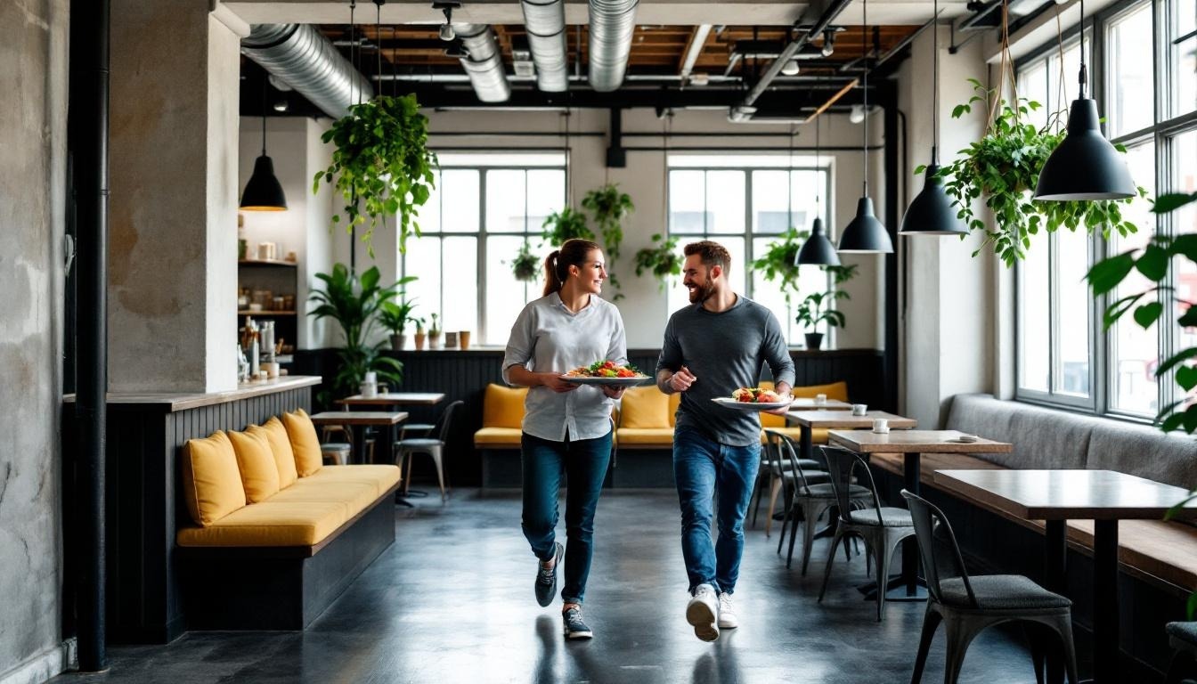 Colleagues carrying lunch to their table