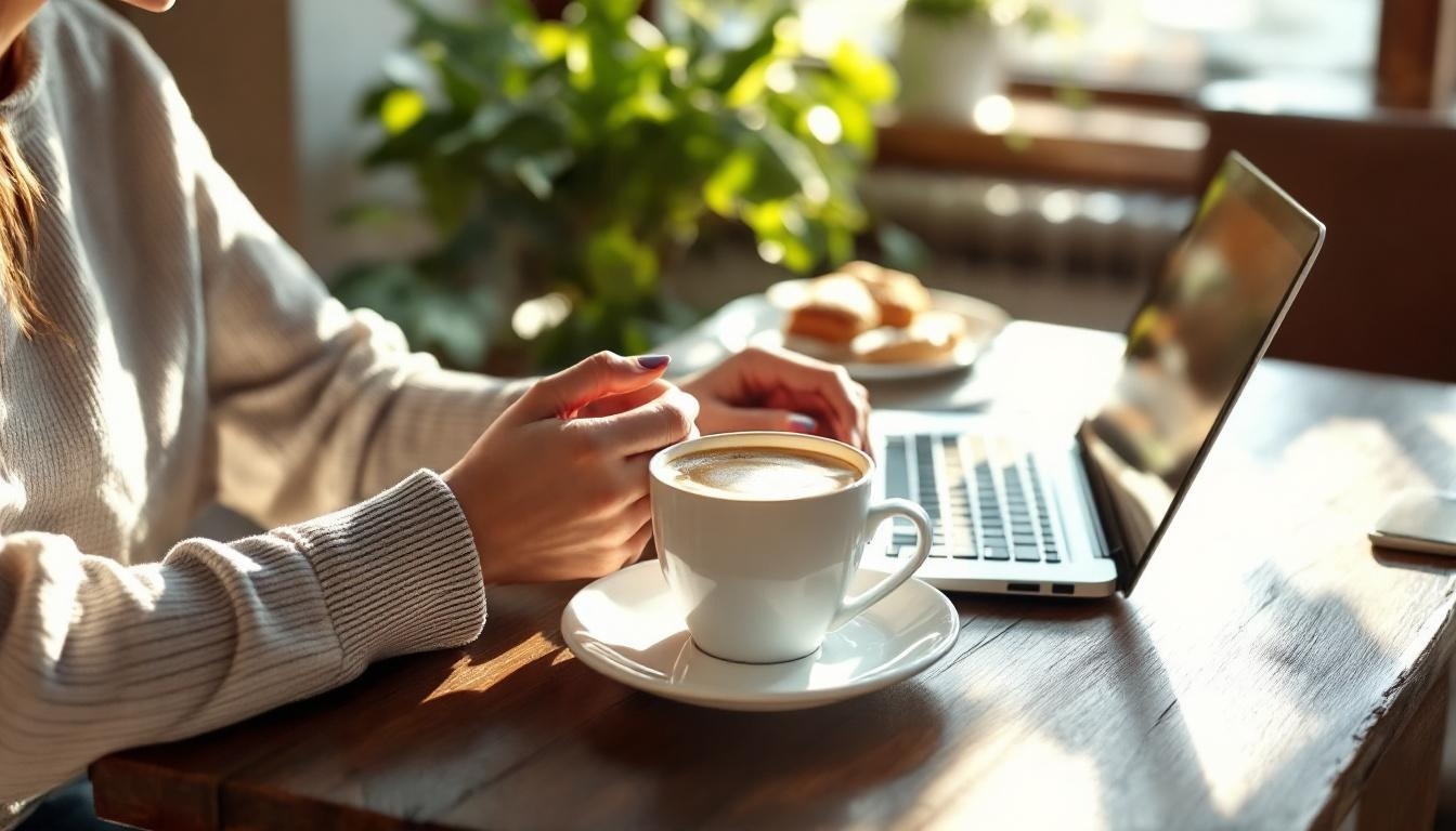 Hands around a coffee, laptop beside